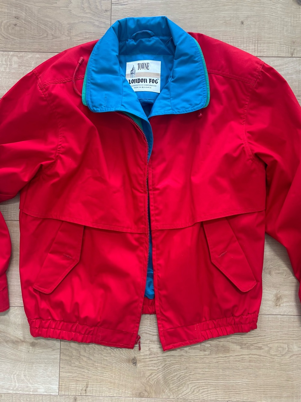Vintage London Fog Bright Red Jacket with Blue and Teal Lining Bomber Jacket